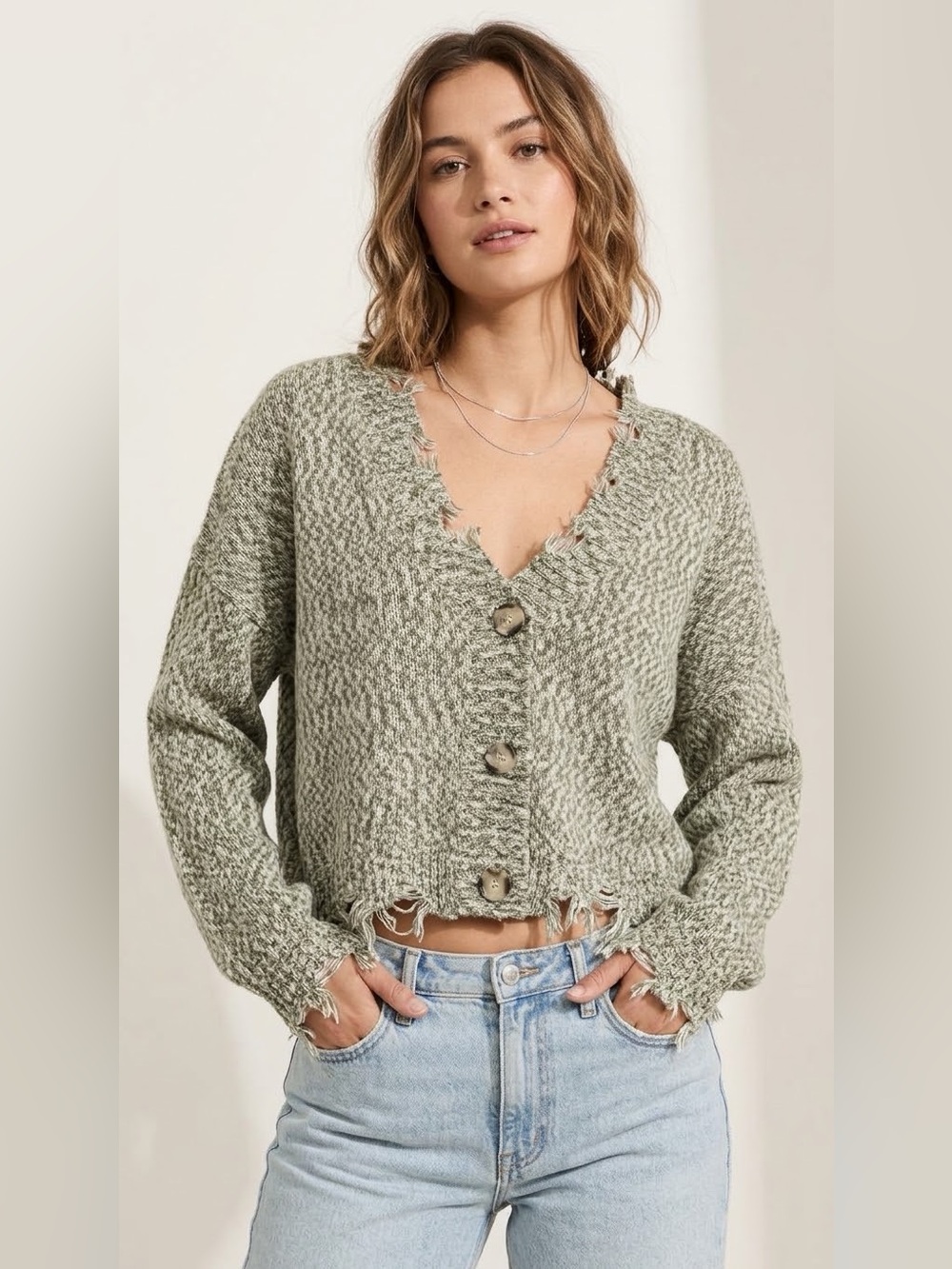 Daytrip Distressed V-Neck Cropped Cardigan Sweater - Sage Green large